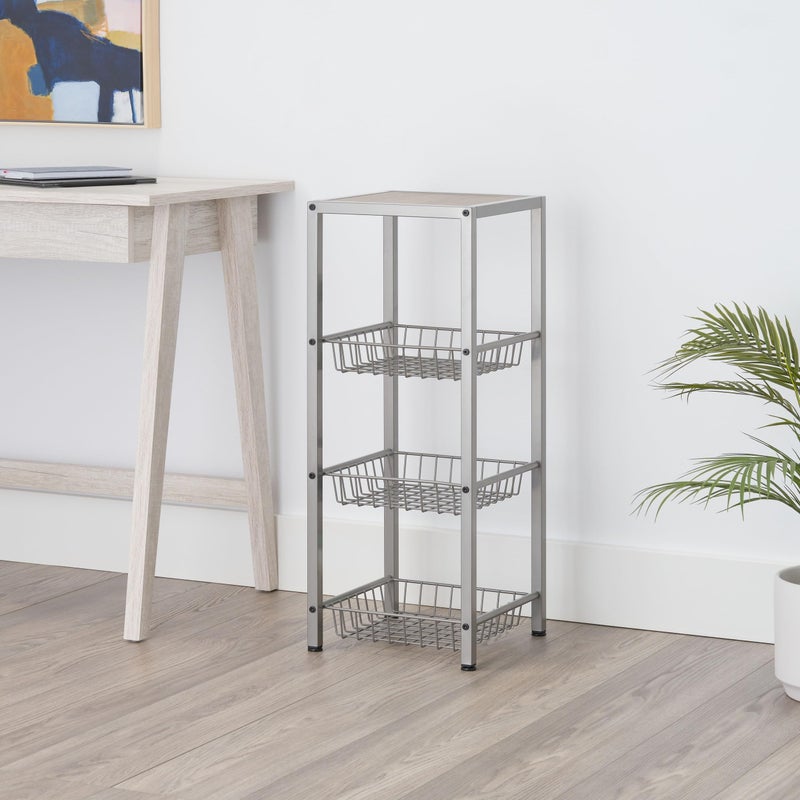 TRINITY 4-Tier Freestanding Metal Shelving Rack with Wire Baskets, Wood Top, and Adjustable Feet, 12"x12"x30", Champagne + Classic Gray Top - Image 3