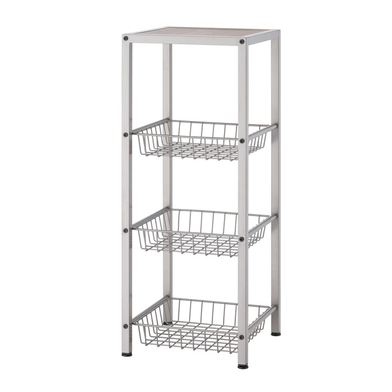 TRINITY 4-Tier Freestanding Metal Shelving Rack with Wire Baskets, Wood Top, and Adjustable Feet, 12"x12"x30", Champagne + Classic Gray Top - Image 1