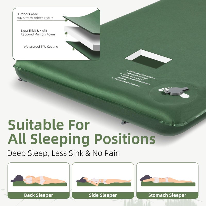 Wevelel Memory Sleeping Pad, 3.1" Ultra-Thick Foam Sleeping Mats for Camping, Easy Inflate&Deflate,9.5 R-Value Insulated Camping Mattress Pad with Pillow, for Car Travel Tent - Image 2