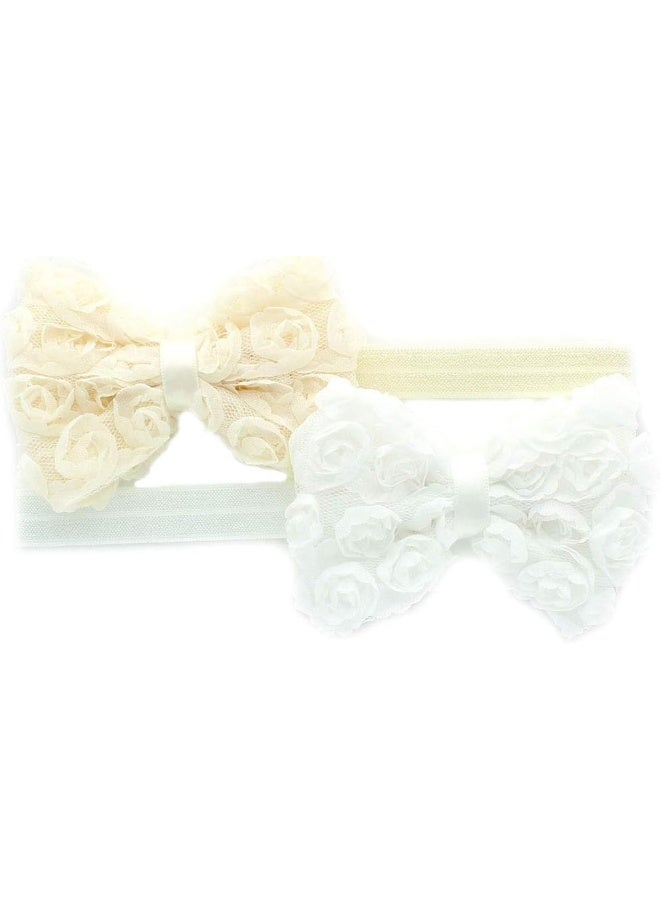 My Lello My Lello Girls Fabric Rose Bow Headbands 2 Pack (Ivory/White)  - Image 1