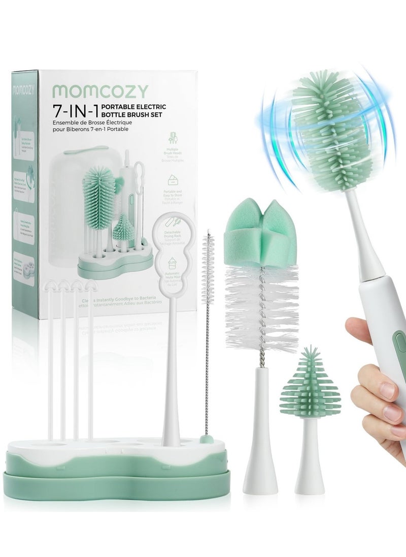 Momcozy 7 in 1 Electric Bottle Brush Kit, Portable Cleaning Set with Formula Mixer, Silicone Brush, Nipple Brush, Straw Brush, Soap Dispenser, Drying Rack - Long Battery Life for Home & Travel  - Image 1