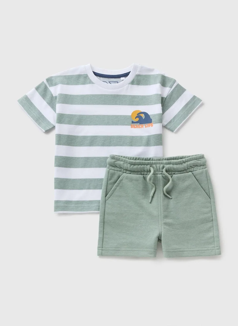 Matalan Boys Green Stripe Beach Life T-Shirt & Shorts Set