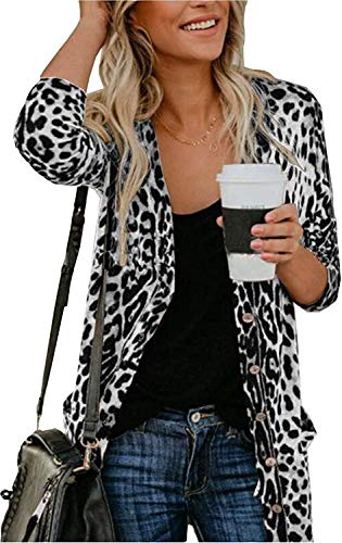 QegarTop Lightweight Cardigan with Pockets Leopard Shirt Casual Open Front Cardigan White XL - Image 1
