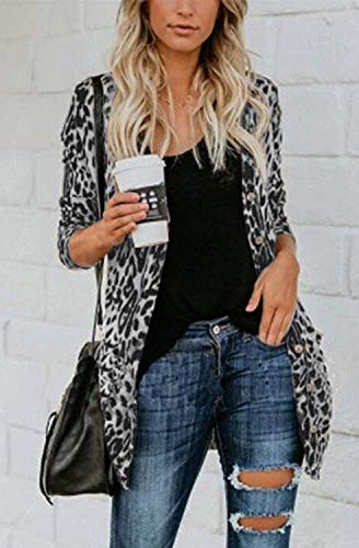 QegarTop Lightweight Cardigan with Pockets Leopard Shirt Casual Open Front Cardigan White XL - Image 3