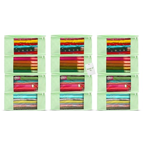 Rusabl Non Woven Multi Storage Covers (Pack of 12, Green) with Zipper Closure, Clothes Organiser for Wardrobe, Bag for Woman Dresses, Sarees, Lehengas, Shawls, Men T-Shirts, Shirts (42 x 35 x 20 cm) - Image 1