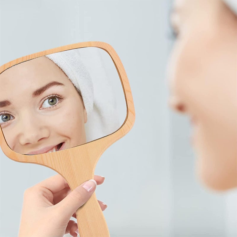 KIRA KIRA Wooden Handle Mirror Square Shape for Shaving Makeup Grooming Portable Handheld Modern Beauty Hand Mirror with Hanging Dressing Table Travel Kit Or Bathroom - Image 3