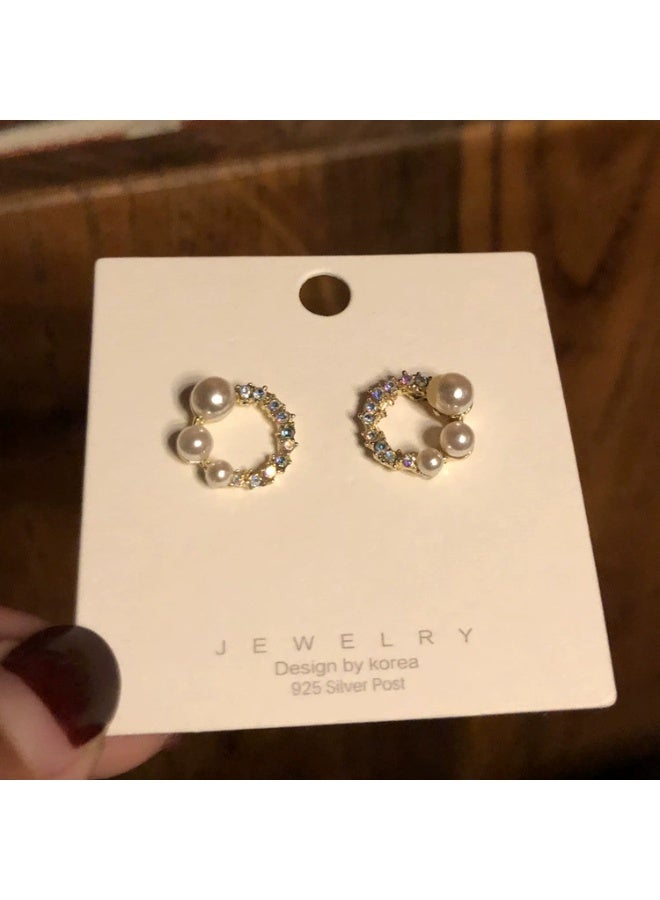 Goolsky New Pearl Geometric Stud Earrings for Women – Small Round Zircon Silver Earrings, Minimalist Everyday Jewelry, Sparkling Zircons Hypoallergenic, Office/Daily Wear - Image 3