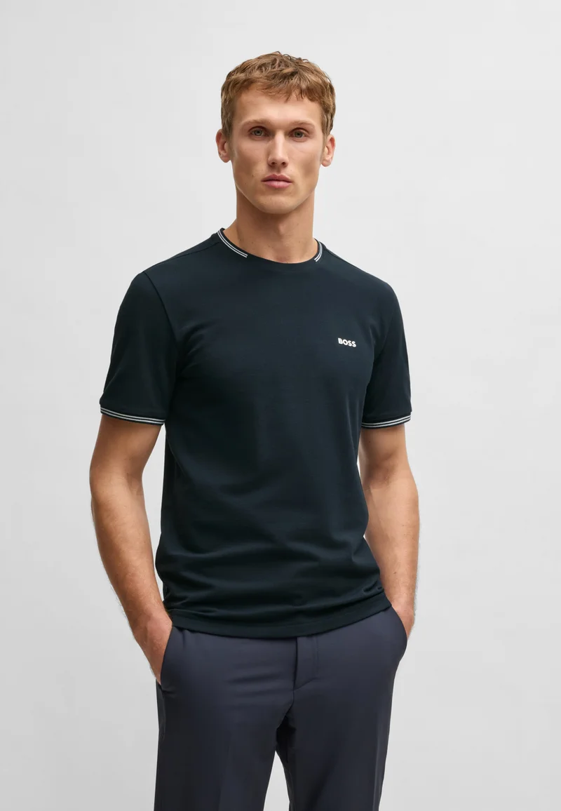 BOSS Stretch-cotton T-shirt with stripes and logo