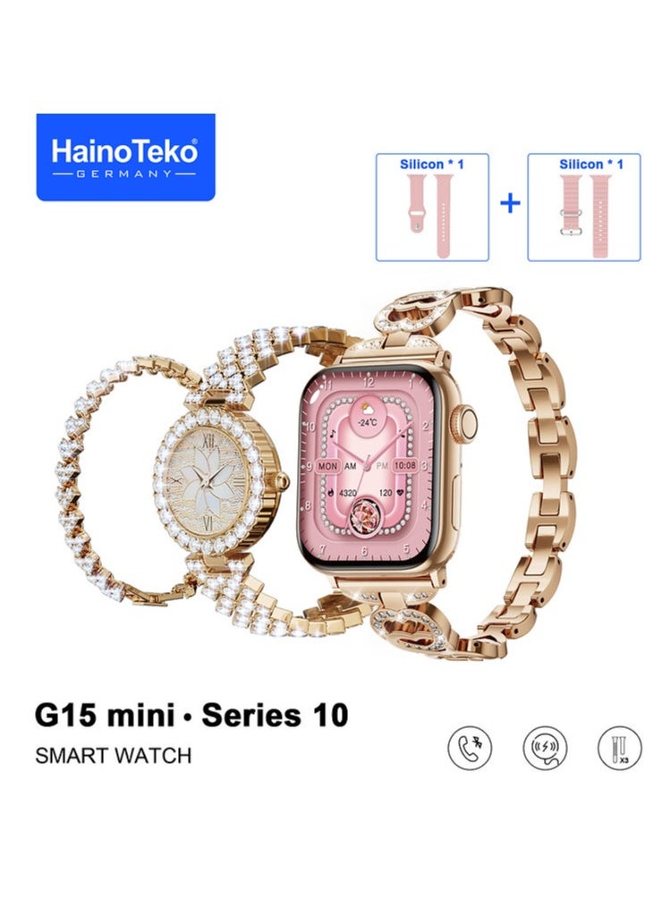 Haino Teko Smart Watch G15 Mini for Women with Bracelet of Golden Embroidered and An Additional Bracelet and Watch and 2 Silicone Strap 