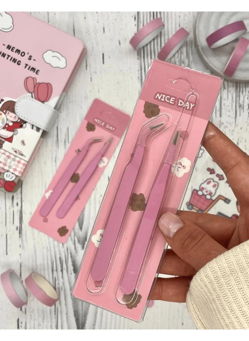 Kağıt Gemi Dükkan Paper Ship Shop Set of 2 Sticker Tweezers Straight and Curved Tip Pink sticker washi Tape Sticker Bullet Journal