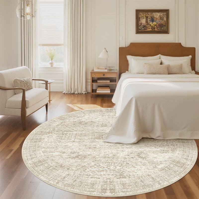 Soalmost 6x6 Beige Round Rug 6ft Living Room Circle Rug Vintage Round Area Rug Non Slip Indoor Carpet for Dining Room Bedroom - Image 3