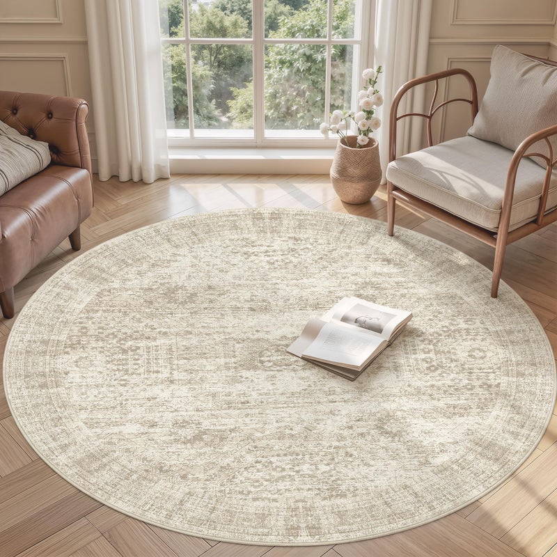 Soalmost 6x6 Beige Round Rug 6ft Living Room Circle Rug Vintage Round Area Rug Non Slip Indoor Carpet for Dining Room Bedroom - Image 2