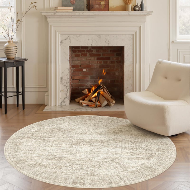 Soalmost 6x6 Beige Round Rug 6ft Living Room Circle Rug Vintage Round Area Rug Non Slip Indoor Carpet for Dining Room Bedroom - Image 1