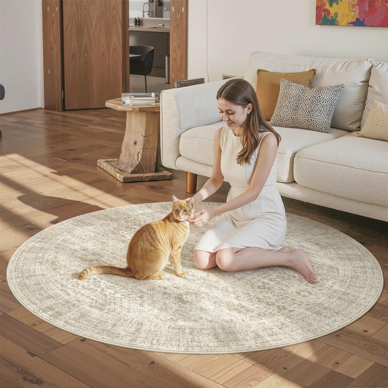 Soalmost 6x6 Beige Round Rug 6ft Living Room Circle Rug Vintage Round Area Rug Non Slip Indoor Carpet for Dining Room Bedroom - Image 4