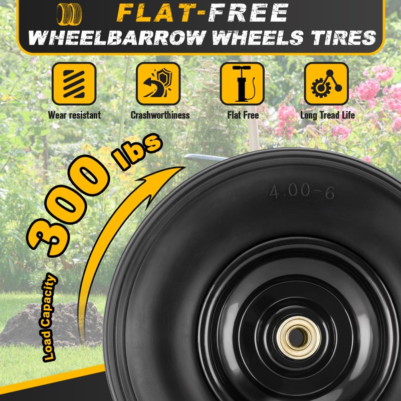 CMOOD 4.00-6 Flat-free Tire and Wheel, 13" Wheelbarrow Wheels and Tires with 5/8" or 3/4" Bearings 4.00-6 Solid Tires Replacement for Wheelbarrow, Gorilla Cart, Hand Trucks, Garden Carts(2 PCS) - Image 3