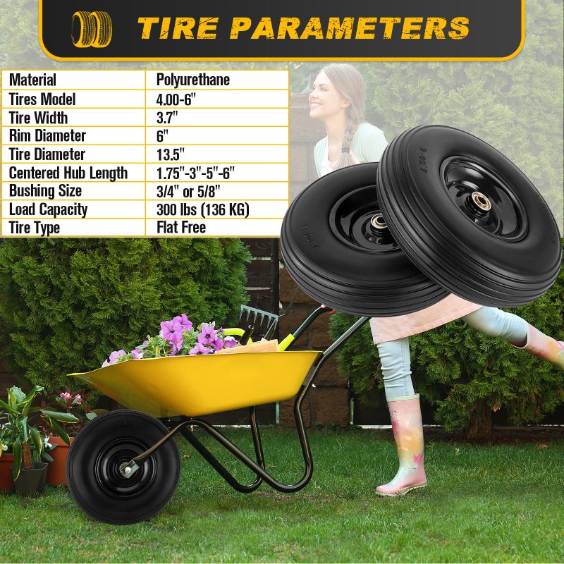 CMOOD 4.00-6 Flat-free Tire and Wheel, 13" Wheelbarrow Wheels and Tires with 5/8" or 3/4" Bearings 4.00-6 Solid Tires Replacement for Wheelbarrow, Gorilla Cart, Hand Trucks, Garden Carts(2 PCS) - Image 4