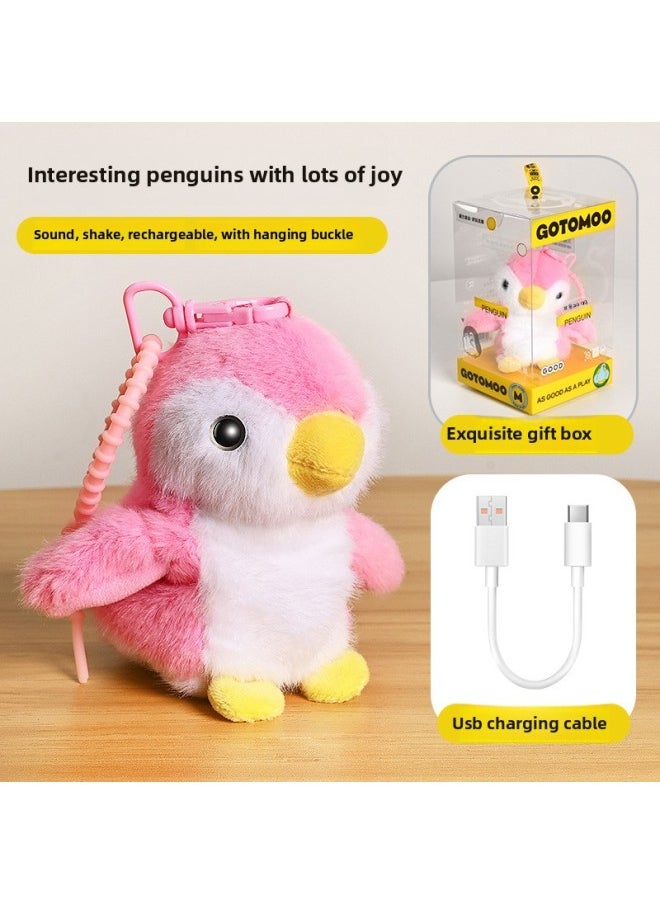 Children's Simulation Cartoon Electric Penguin Doll Plush Schoolbag Pendant Key Chain Will Be Called Wings Vibration Gift-Color:Electric Penguin-pink [rechargeable Version]  - Image 1