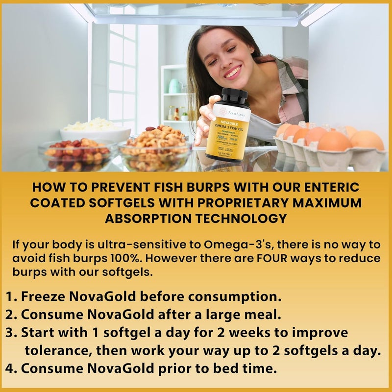 Nova Lucia نوفا جولد زيت السمك أوميغا 3 2000 ملغ مكمل قوي EPA DHA خالي من التجشؤ سهل البلع كبسولات لينة تدعم القلب والدماغ والمفاصل والمناعة والبشرة غير معدلة وراثيًا 120 كبسولة سائلة - Image 2