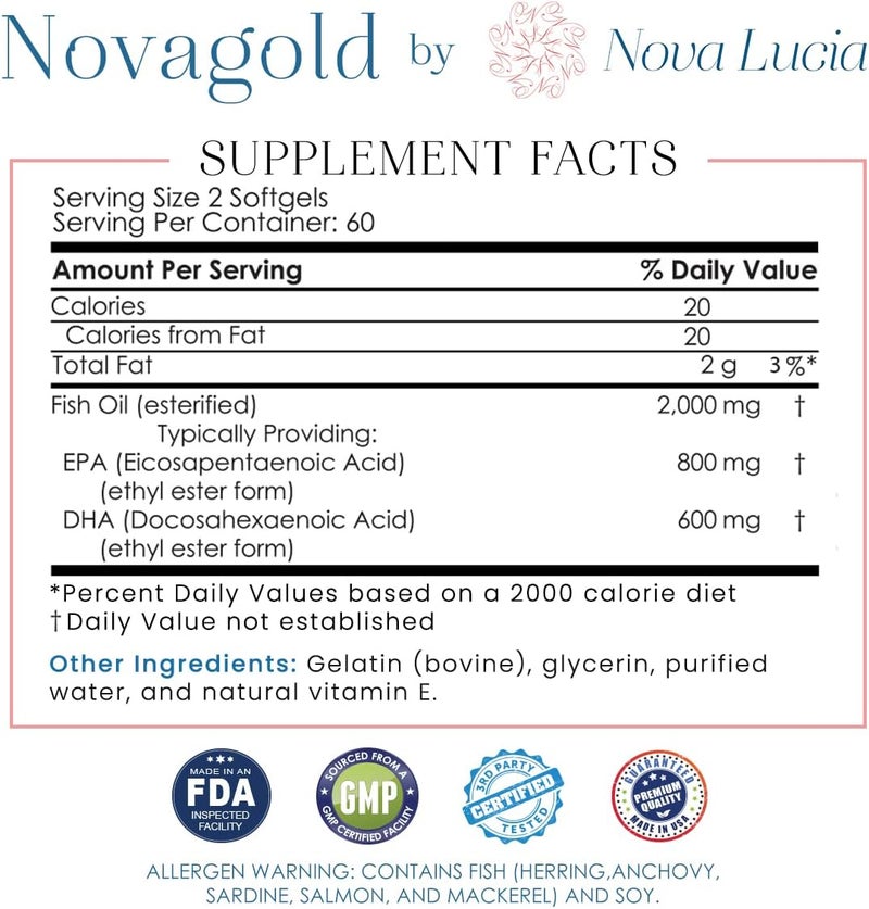 Nova Lucia نوفا جولد زيت السمك أوميغا 3 2000 ملغ مكمل قوي EPA DHA خالي من التجشؤ سهل البلع كبسولات لينة تدعم القلب والدماغ والمفاصل والمناعة والبشرة غير معدلة وراثيًا 120 كبسولة سائلة - Image 3