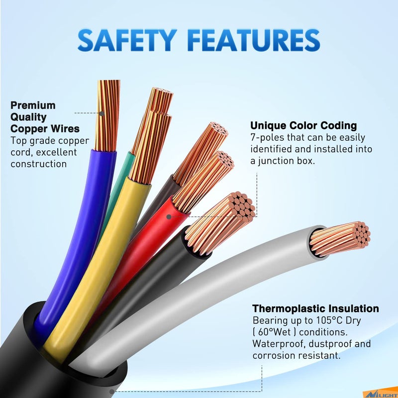 Nilight - 50050R 7-Way Trailer Plug Socket Extension Cable 3FT Long 10-14 AWG Double-Prong Copper Terminals/Wires for 7-Blade Trailer Wiring Connector Cord, 2 Years Warranty - Image 5