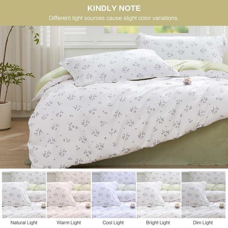 SAPHREAS Full Duvet Cover White Cute Floral Bedding Set with 8 Corner Ties and 2 Pillow Shams Microfiber Reversible Duvet Cover Set with Zipper Closure?Green - Image 5