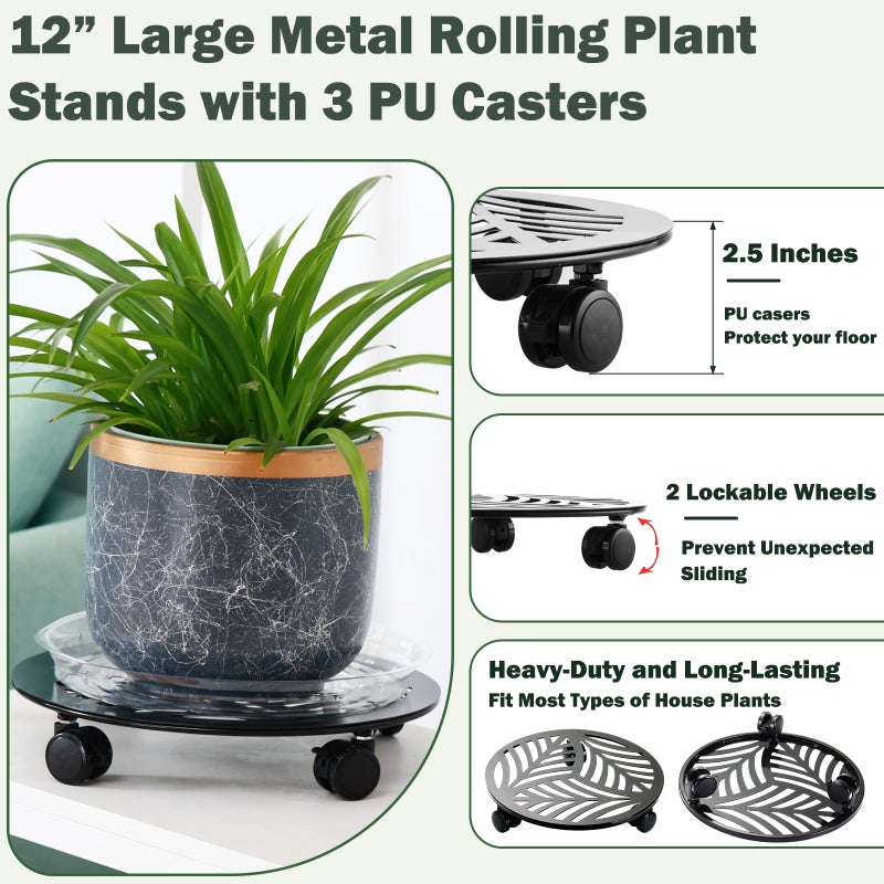 Planterhoma 5 Packs Large Metal Plant Caddy with PU Wheels 12" Heavy-Duty Wrought Iron Rolling Plant Stands Indoor Outdoor Wheeled Plant Dolly Planter Mover Rollers Plant, Leaf Style - Image 2