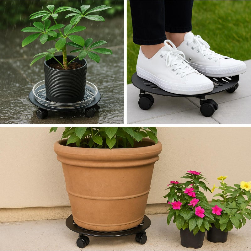 Planterhoma 5 Packs Large Metal Plant Caddy with PU Wheels 12" Heavy-Duty Wrought Iron Rolling Plant Stands Indoor Outdoor Wheeled Plant Dolly Planter Mover Rollers Plant, Leaf Style - Image 5