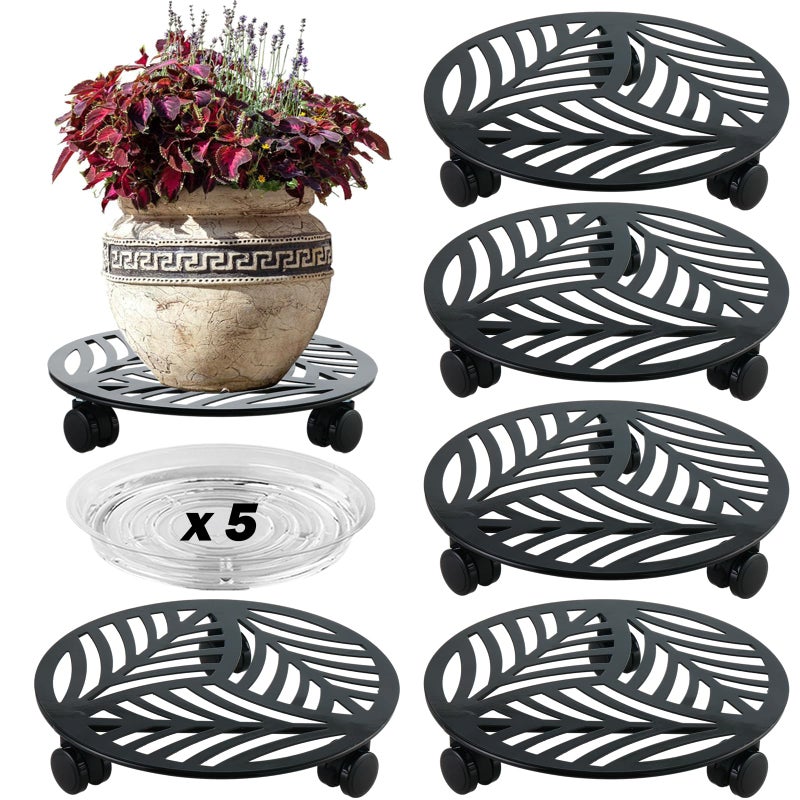 Planterhoma 5 Packs Large Metal Plant Caddy with PU Wheels 12" Heavy-Duty Wrought Iron Rolling Plant Stands Indoor Outdoor Wheeled Plant Dolly Planter Mover Rollers Plant, Leaf Style - Image 1