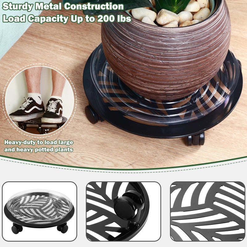 Planterhoma 5 Packs Large Metal Plant Caddy with PU Wheels 12" Heavy-Duty Wrought Iron Rolling Plant Stands Indoor Outdoor Wheeled Plant Dolly Planter Mover Rollers Plant, Leaf Style - Image 3