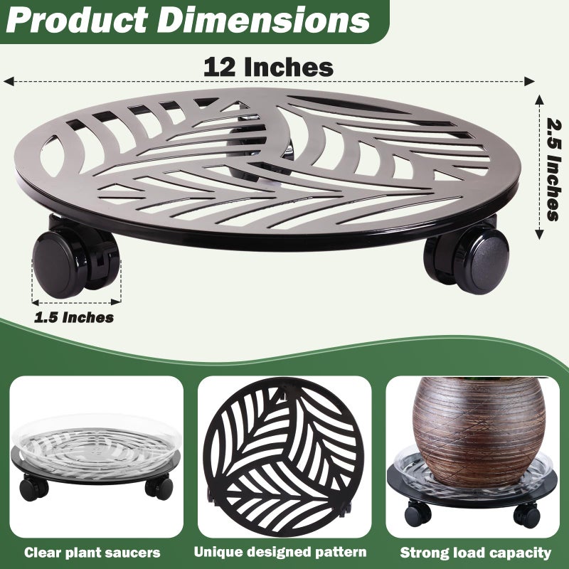 Planterhoma 5 Packs Large Metal Plant Caddy with PU Wheels 12" Heavy-Duty Wrought Iron Rolling Plant Stands Indoor Outdoor Wheeled Plant Dolly Planter Mover Rollers Plant, Leaf Style - Image 4