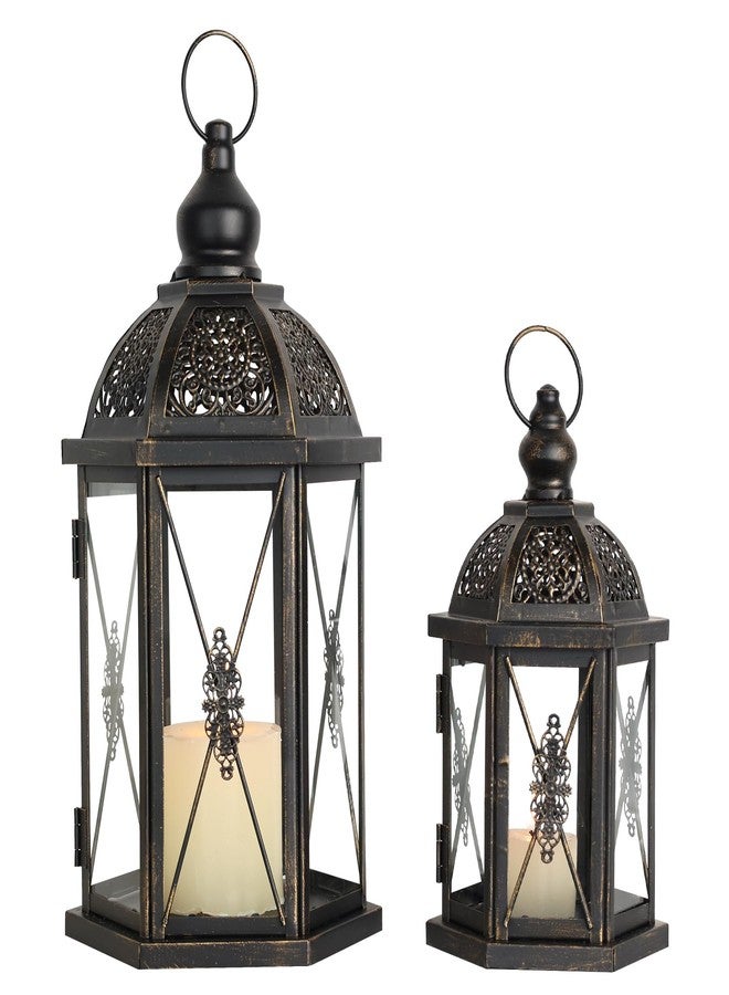 DECORKEY Large Lantern Decorative Outdoor & Indoor, Set of 2 (15’’&10’’) Metal Candle Lanterns Decor, Vintage Hanging Candle Holder for Front Porch Patio Wedding Farmhouse Home, Spring Decoration - Image 1