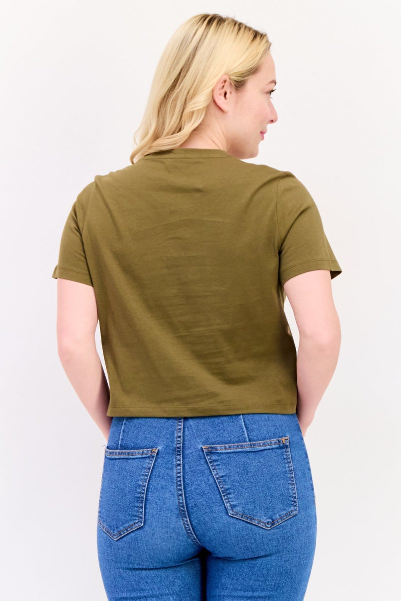ONLY Women Crew Neck Short Sleeve Graphic Print Crop Top, Military Olive - Image 2