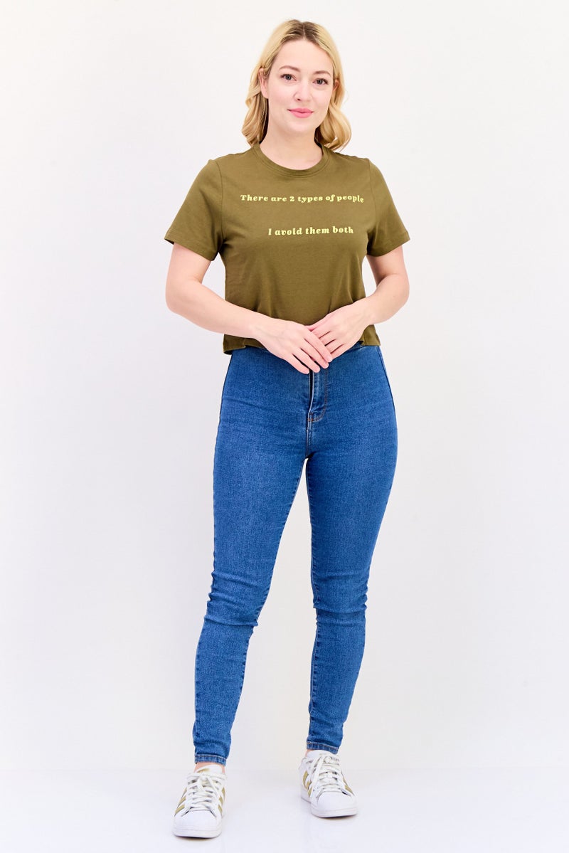 ONLY Women Crew Neck Short Sleeve Graphic Print Crop Top, Military Olive - Image 3
