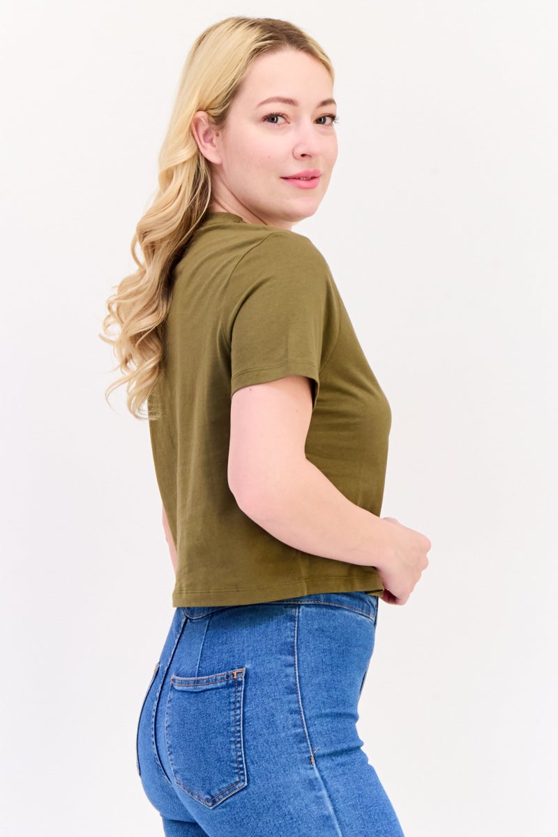 ONLY Women Crew Neck Short Sleeve Graphic Print Crop Top, Military Olive - Image 4