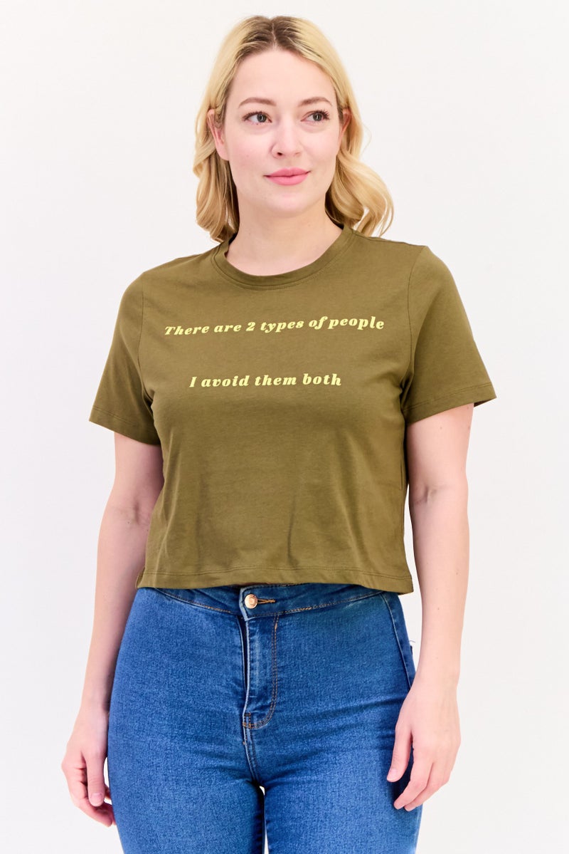 ONLY Women Crew Neck Short Sleeve Graphic Print Crop Top, Military Olive - Image 1