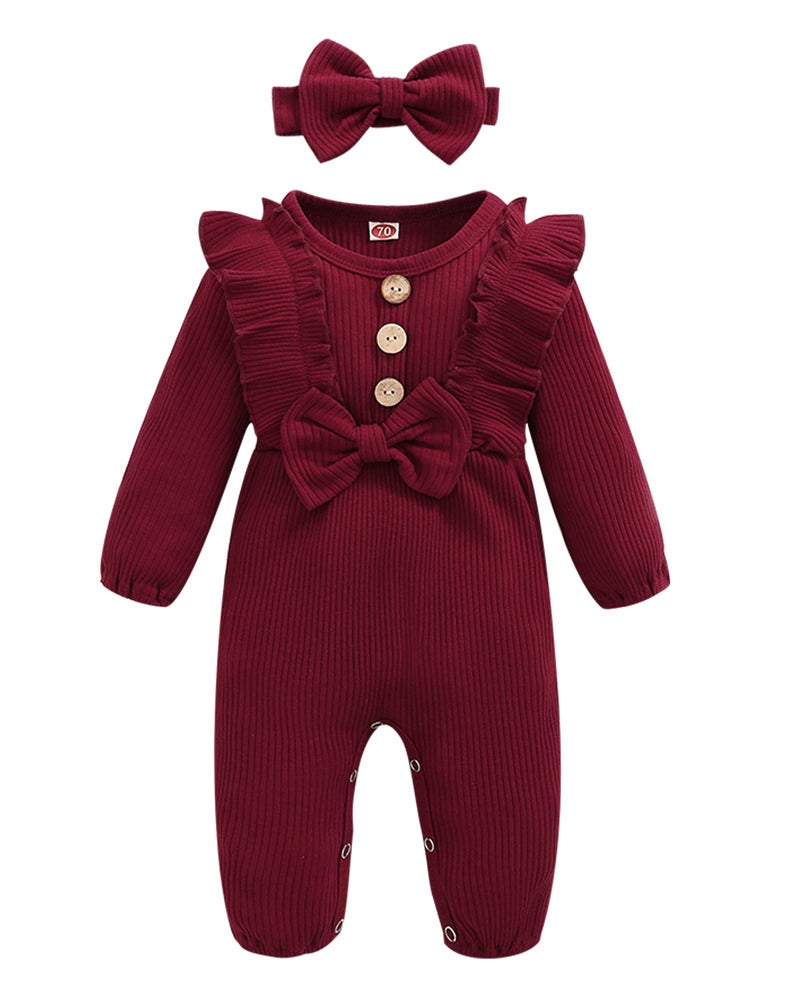 Mioglrie Newborn Baby Girl Romper Gifts - Cute Cotton Infant Girl Clothes Jumpsuits - Maroon - 3-6 Months - Image 1