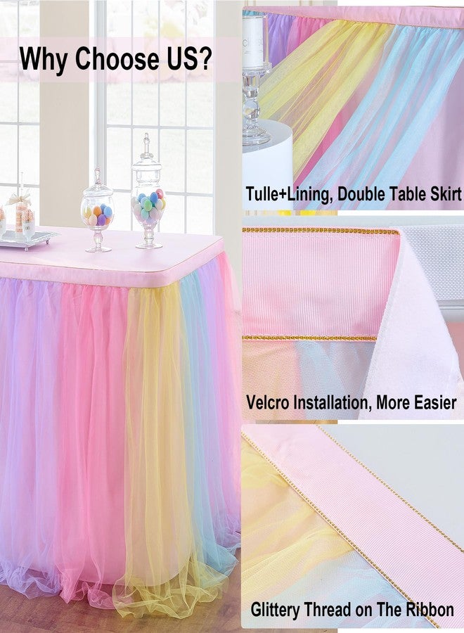 NSSONBEN 72in Rainbow Tulle Table Skirts for Rectangle Tables 6/4ft, 2-Layer Pastel Color Unicorn Ruffle Tulle Tutu Cloth Table Skirt 6ft for Girl Birthday Party Baby Shower Cake Dessert(No Table Cover) - Image 4