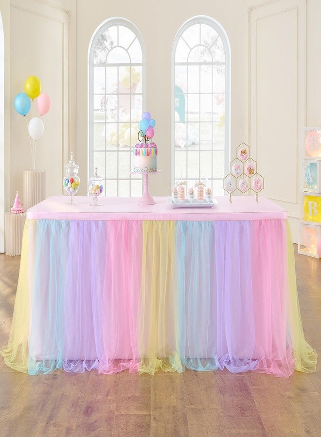 NSSONBEN 72in Rainbow Tulle Table Skirts for Rectangle Tables 6/4ft, 2-Layer Pastel Color Unicorn Ruffle Tulle Tutu Cloth Table Skirt 6ft for Girl Birthday Party Baby Shower Cake Dessert(No Table Cover) - Image 1