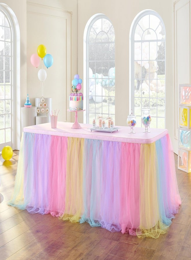 NSSONBEN 72in Rainbow Tulle Table Skirts for Rectangle Tables 6/4ft, 2-Layer Pastel Color Unicorn Ruffle Tulle Tutu Cloth Table Skirt 6ft for Girl Birthday Party Baby Shower Cake Dessert(No Table Cover) - Image 2