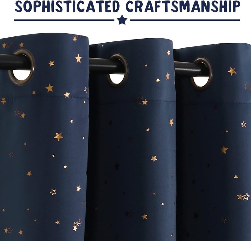 PrinceDeco Blackout Kids Curtains for Bedroom Thermal Insulated Bronze Twinkle Star Curtains for Boys Antique Grommet Top Window Treatment 2 Panels Drape for Nursery (52" W x 54" L, Navy/Bronze) - Image 2