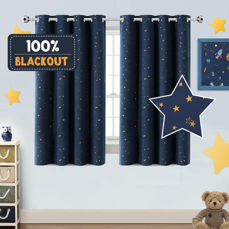 PrinceDeco Blackout Kids Curtains for Bedroom Thermal Insulated Bronze Twinkle Star Curtains for Boys Antique Grommet Top Window Treatment 2 Panels Drape for Nursery (52" W x 54" L, Navy/Bronze) - Image 1