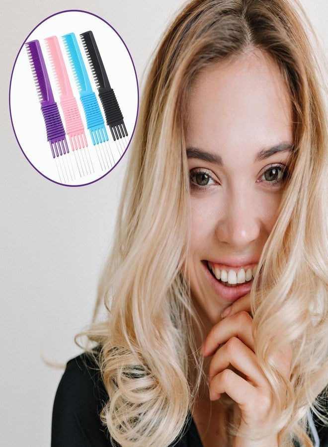 Zelphvt 4 Packs Hair Teasing Comb with Metal Pick, Lift Teasing Combs for Women Men, Hair Pick Comb Styling Combs with Non Slip Handle, Black Purple Blue Pink - Image 5