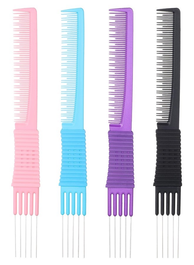 Zelphvt 4 Packs Hair Teasing Comb with Metal Pick, Lift Teasing Combs for Women Men, Hair Pick Comb Styling Combs with Non Slip Handle, Black Purple Blue Pink - Image 1