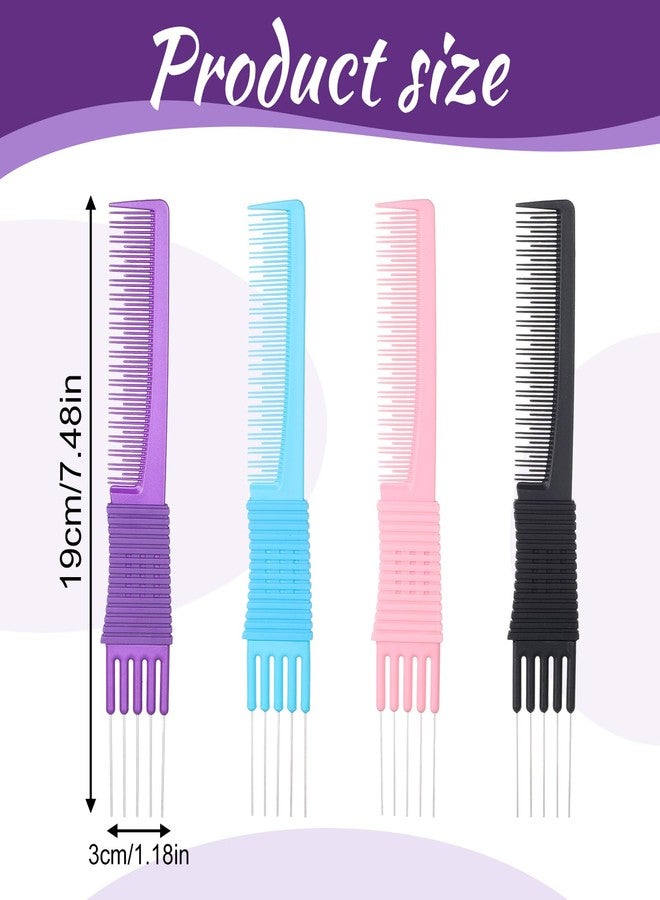 Zelphvt 4 Packs Hair Teasing Comb with Metal Pick, Lift Teasing Combs for Women Men, Hair Pick Comb Styling Combs with Non Slip Handle, Black Purple Blue Pink - Image 2
