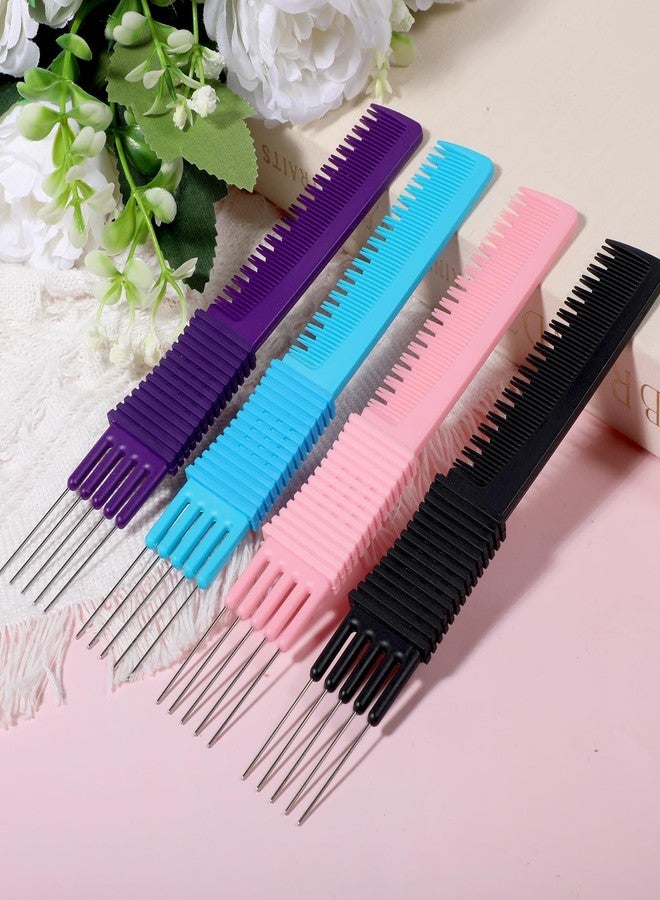 Zelphvt 4 Packs Hair Teasing Comb with Metal Pick, Lift Teasing Combs for Women Men, Hair Pick Comb Styling Combs with Non Slip Handle, Black Purple Blue Pink - Image 4