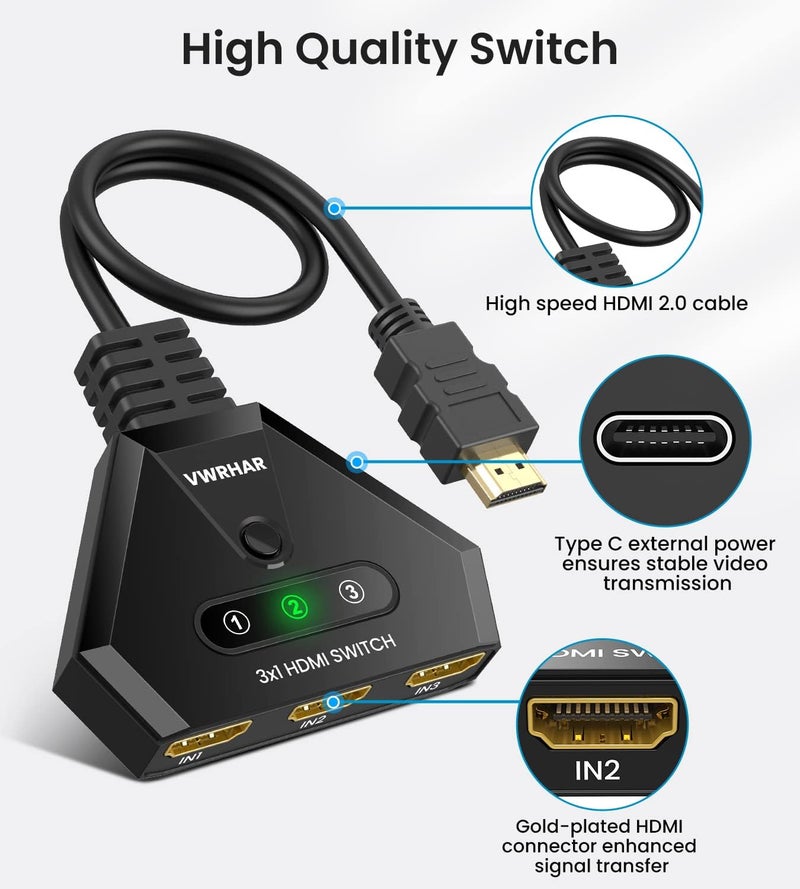 محول HDMI، محول HDMI 4K 60Hz 3 مدخلات ومخرج واحد مع كابل عالي السرعة، محول HDMI 2.1 UHD/3D/4K للتلفزيون Fire Stick، PS5، Sky Box، X Box، أجهزة ألعاب، DVD، الكمبيوتر، Roku، إلخ. - Image 4