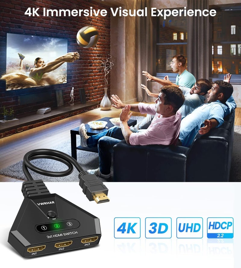 محول HDMI، محول HDMI 4K 60Hz 3 مدخلات ومخرج واحد مع كابل عالي السرعة، محول HDMI 2.1 UHD/3D/4K للتلفزيون Fire Stick، PS5، Sky Box، X Box، أجهزة ألعاب، DVD، الكمبيوتر، Roku، إلخ. - Image 5