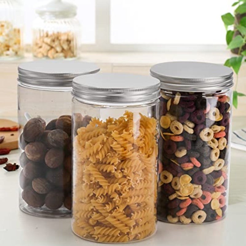 12 Pack Clear Round Plastic Jars Bottles Containers with Silver Ribbed Lids, 30oz Straight Cylinders Storage Canisters for Food and Home Storage - Image 4