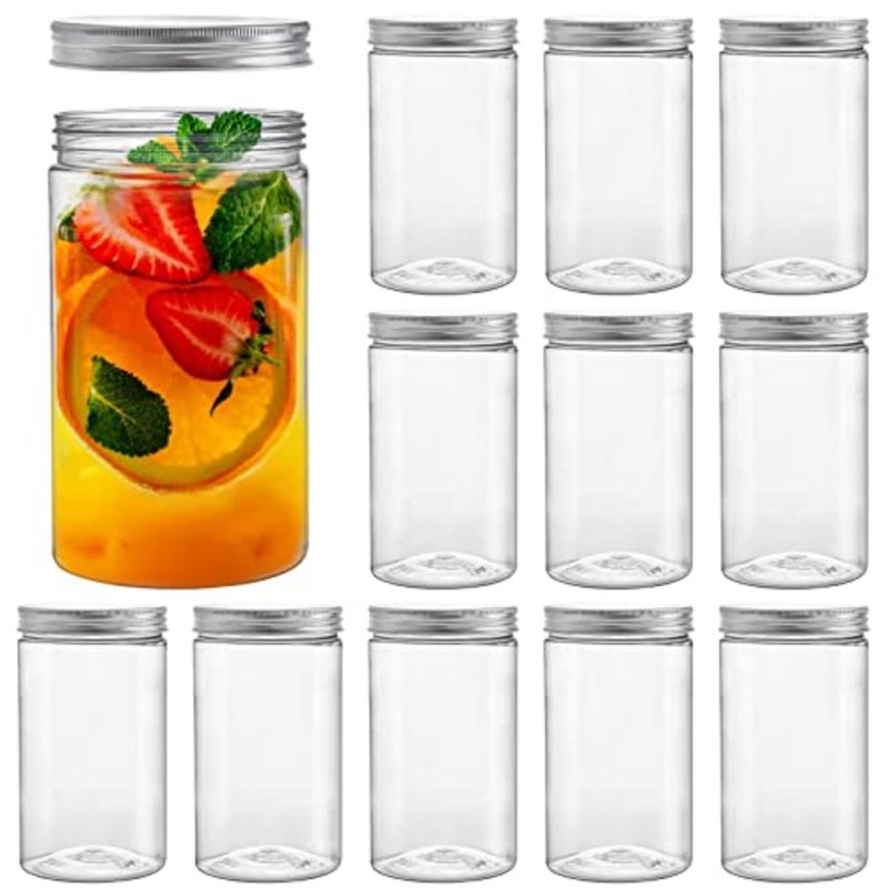 12 Pack Clear Round Plastic Jars Bottles Containers with Silver Ribbed Lids, 30oz Straight Cylinders Storage Canisters for Food and Home Storage - Image 1