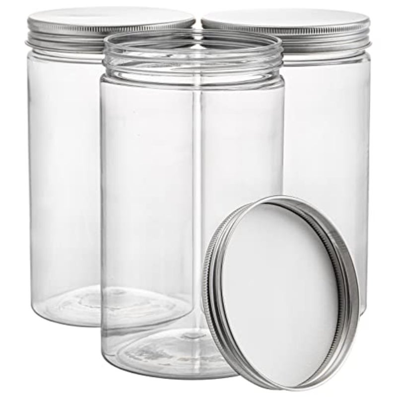 12 Pack Clear Round Plastic Jars Bottles Containers with Silver Ribbed Lids, 30oz Straight Cylinders Storage Canisters for Food and Home Storage - Image 2